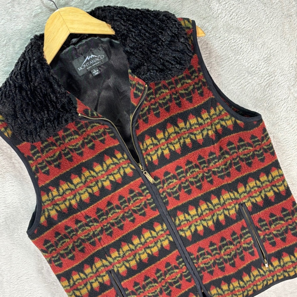 Montanaco Women's Aztec‎ Fleece Vest Black Red Sherpa Collar Zip Pockets Sz L